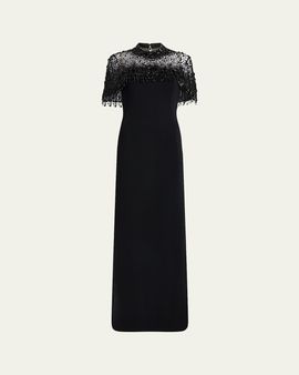 Jenny Packham Livia Crystal Fringe Capelet Column Gown