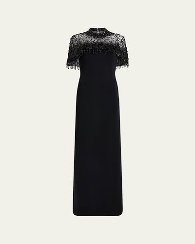 Jenny Packham Livia Crystal Fringe Capelet Column Gown