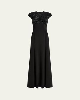 Jenny Packham Moonveil Tonal Sequin Cap-Sleeve Gown