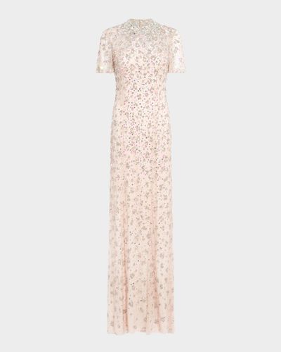 Jenny Packham Orchid Crystal Short-Sleeve Column Gown