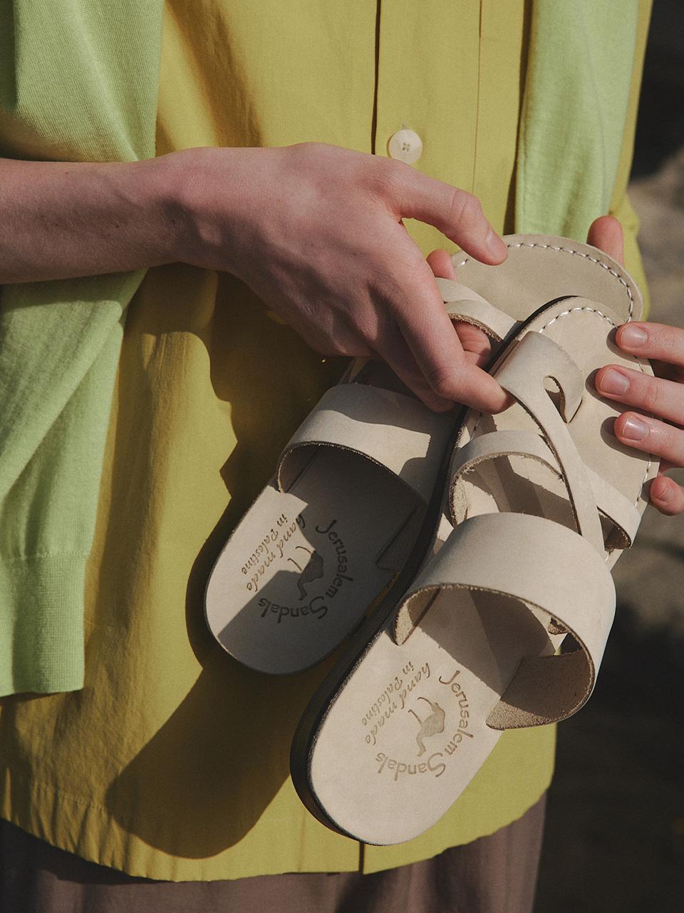JERUSALEM SANDALS Natural Nubuck Double Stitched Sandal [White]