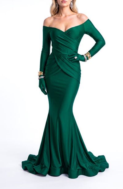 Jessica Angel Jessica Angel Off-the-Shoulder Draped Long Sleeve Mermaid Evening Gown