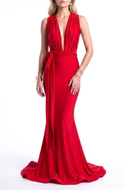 Jessica Angel Jessica Angel Plunging V-Neck Tie-Waist Mermaid Evening Gown