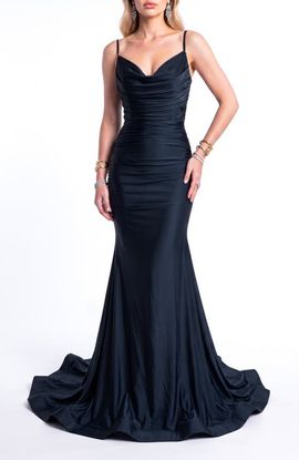 Jessica Angel Jessica Angel Ruched Cowl Neck Lace-Up Mermaid Evening Gown