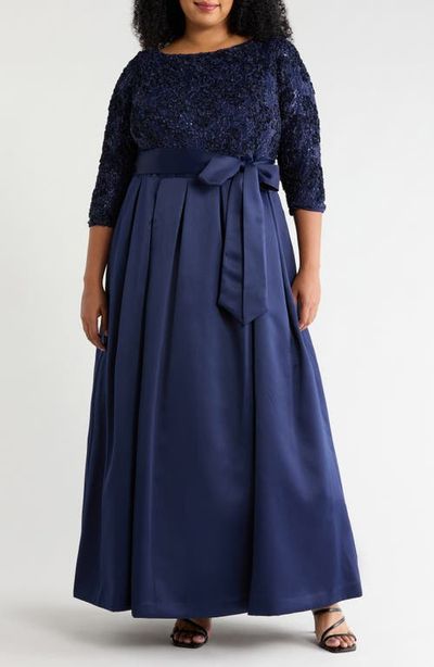 Jessica Howard Jessica Howard Sequin Floral Lace Gown with Satin Skirt