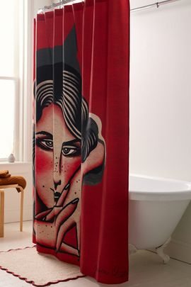 Jessica O. Jessica O. Don't Play Your Games On Me Printed Shower Curtain in Red at Urban Outfitters