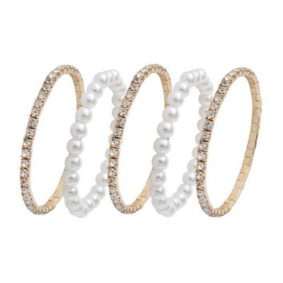 Jessica Simpson Jessica Simpson Women's 5-Piece Stretch Bracelet Set, Crystal and Pearl Accents, Gold-Tone Plated Fashion Jewelry 
