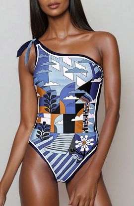 Jessie Zhao New York Jessie Zhao New York Blue Imagination Reversible One-Shoulder Swimsuit 