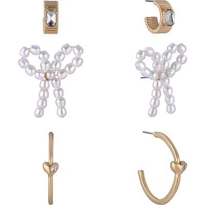 Jewel Badgley Mischka Jewel Badgley Mischka Set of 3 Imitation Pearl Bow & Crystal Hoop Earrings
