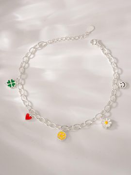JEWNEL Silver925 Elodie Enamel Clover Heart Daisy Flower Smile Pendant Chain Bracelet