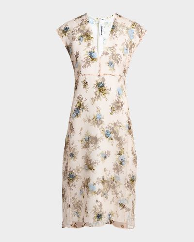 Jil Sander Floral Silk Crepe A-Line Midi Dress