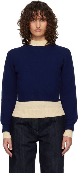 Jil Sander Jil Sander Blue & Off-White Wool Mock-Neck Sweater