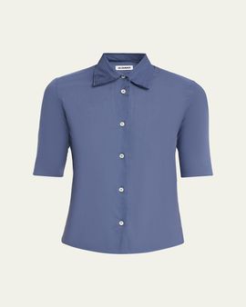Jil Sander Layered Collar Short-Sleeve Cotton Button-Down Shirt