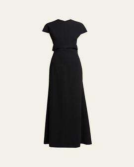 Jil Sander Open Back Short-Sleeve Long Wool Dress