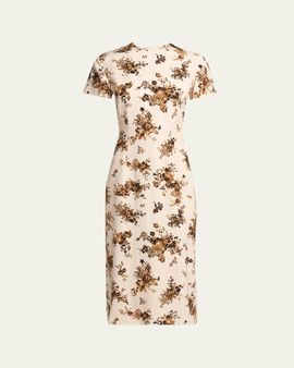 Jil Sander Short-Sleeve Bouquet Viscose Midi Dress