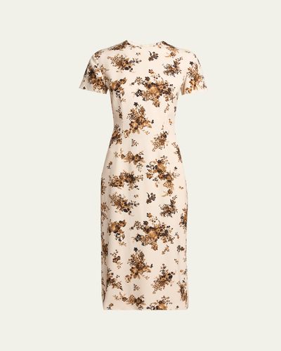 Jil Sander Short-Sleeve Bouquet Viscose Midi Dress