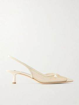 JIMMY CHOO Amita 45 embellished patent-leather trimmed metallic mesh slingback pumps