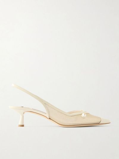 JIMMY CHOO Amita 45 embellished patent-leather trimmed metallic mesh slingback pumps