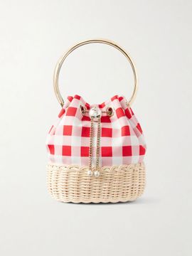 JIMMY CHOO Bon Bon embellished woven raffia checked woven top-handle bag