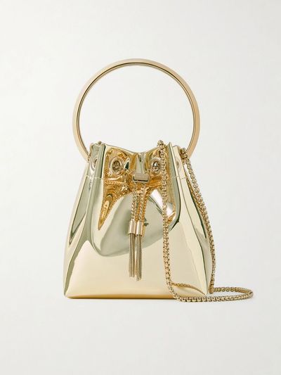 JIMMY CHOO Bon Bon metallic mirrored-leather bucket bag