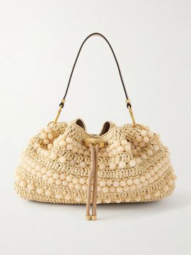 JIMMY CHOO Cinch beaded leather-trimmed woven raffia shoulder bag