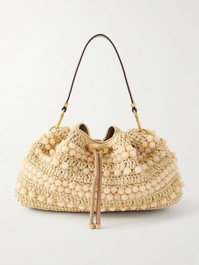 JIMMY CHOO Cinch beaded leather-trimmed woven raffia shoulder bag