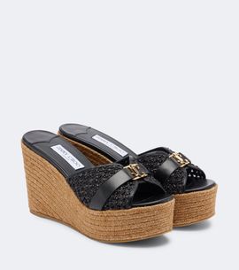 Jimmy Choo Jimmy Choo Leda leather-trimmed raffia wedge mules