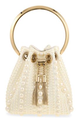 Jimmy Choo Jimmy Choo Micro Bon Bon Faux Pearl Embellished Satin Top Handle Pouch