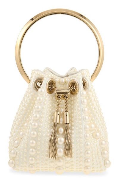 Jimmy Choo Jimmy Choo Micro Bon Bon Faux Pearl Embellished Satin Top Handle Pouch