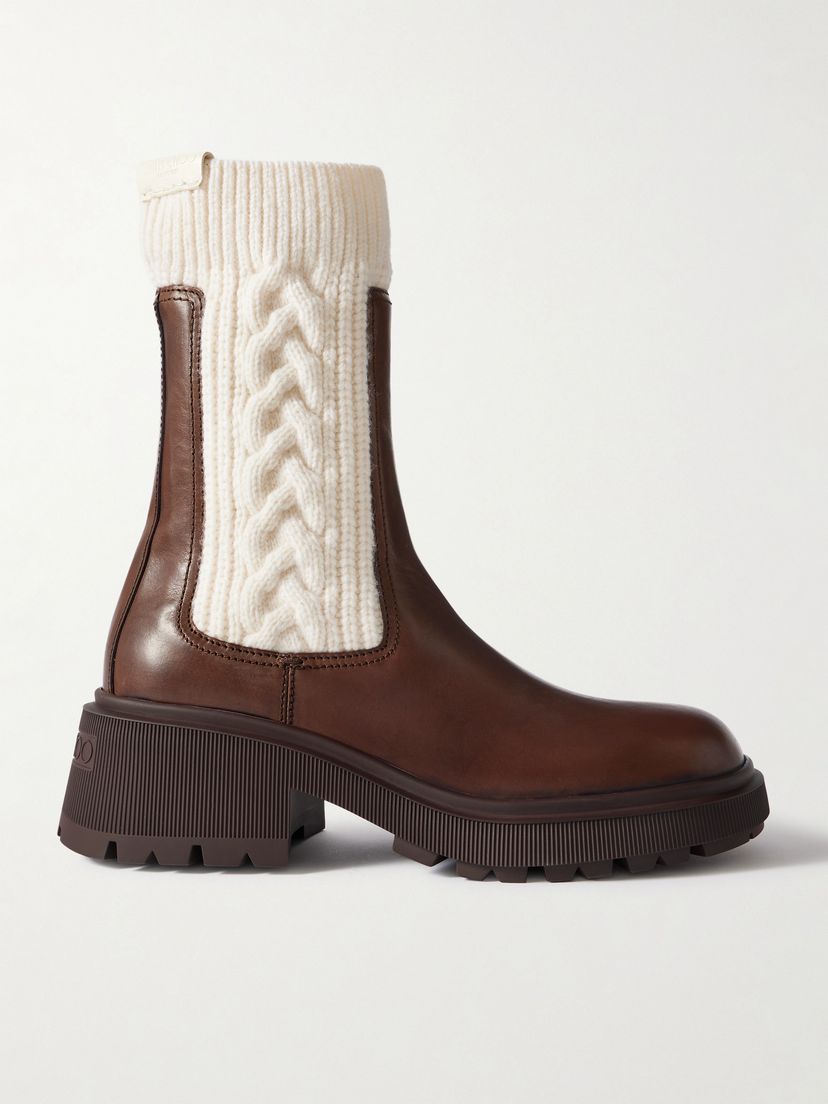JIMMY CHOO Tamia 70 cable-knit wool and leather Chelsea boots