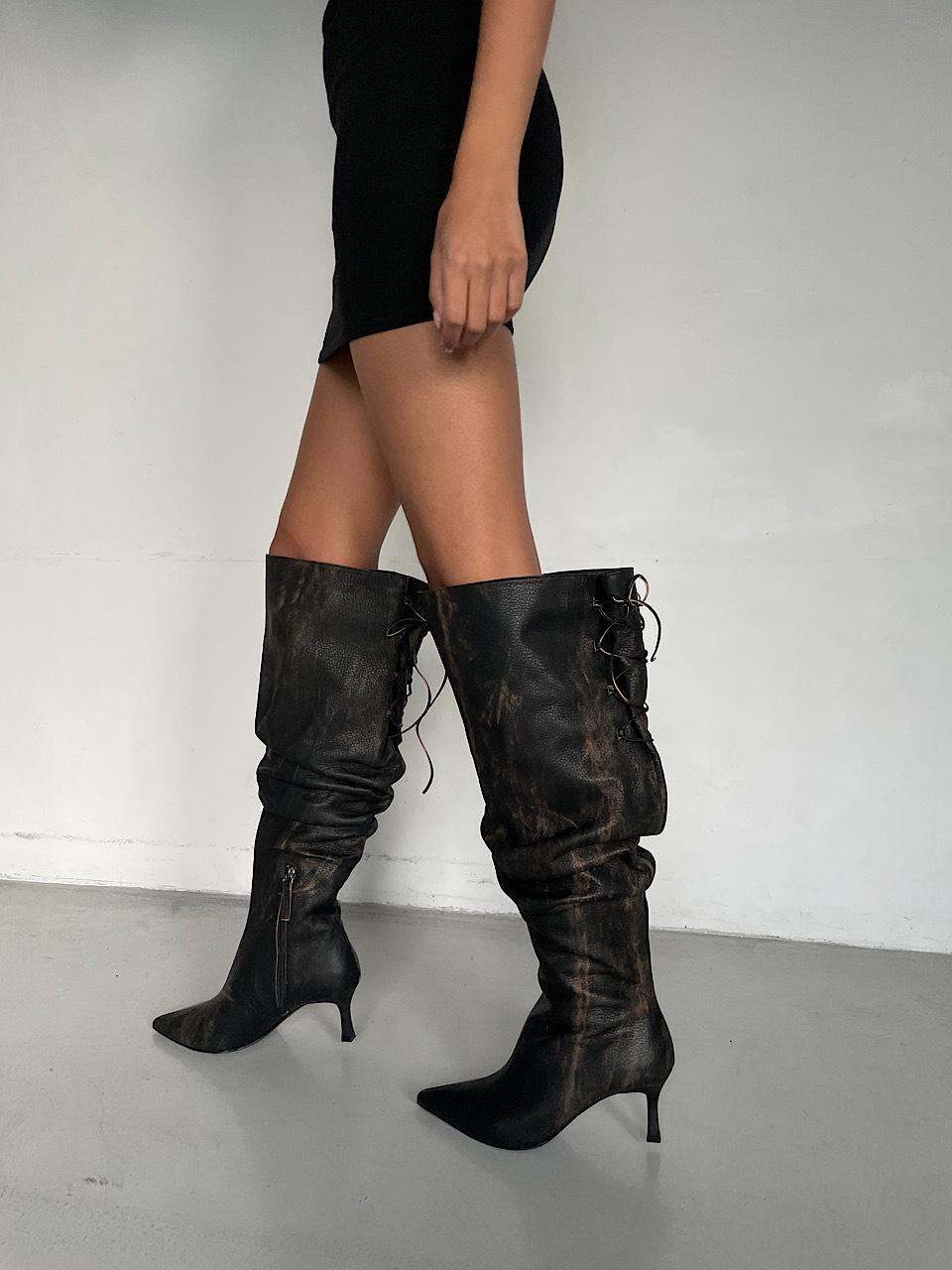 jinnipick Valley Lace Up Thigh High Boots _ Washed Brown