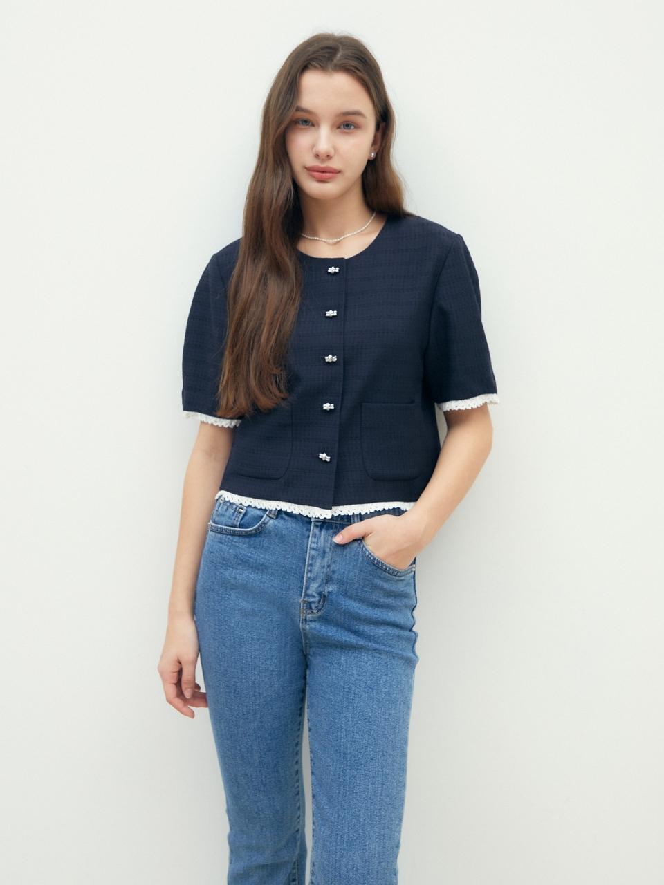 JJ JIGOTT Lace-trimmed Round Neck Crop Blazer (GR4P0JK421)
