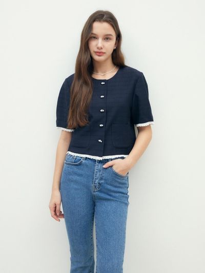 JJ JIGOTT Lace-trimmed Round Neck Crop Blazer (GR4P0JK421)