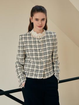 JJ JIGOTT Tweed Pearl Button Heart Neck Fitted Jacket (GR2A0JK201)