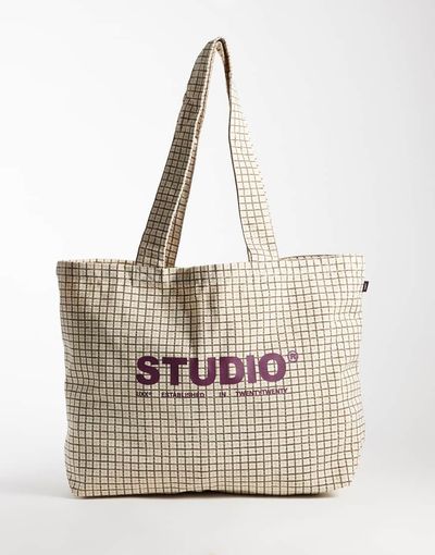 JJXX JJXX check tote bag with logo in cream-WHITE