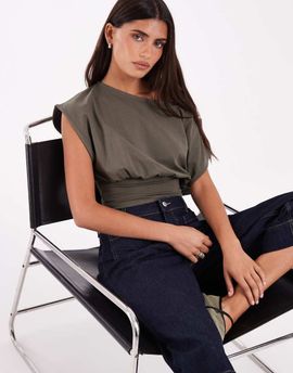 JJXX JJXX cinched waist off shoulder top in olive green