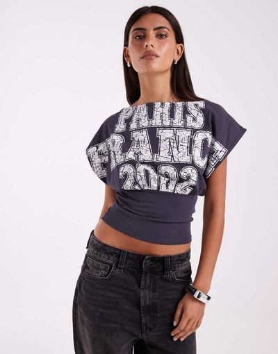 JJXX JJXX cinched waist top with Paris print in charcoal gray