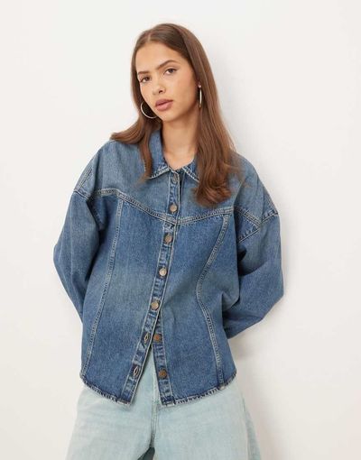 JJXX JJXX denim overshirt with seam detail in mid blue