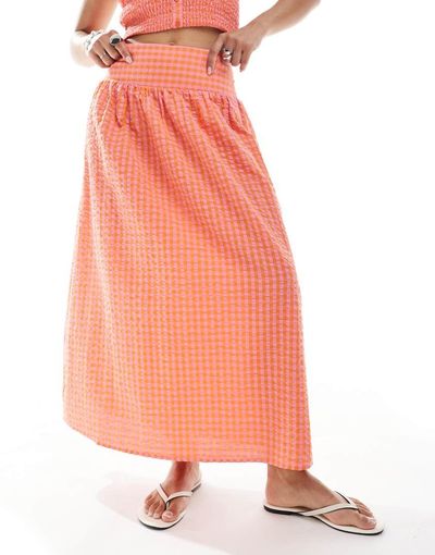 JJXX JJXX long skirt in pink orange gingham plaid - part of a set