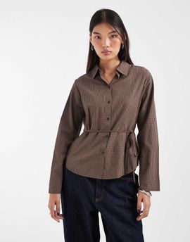 JJXX JJXX long sleeve poplin shirt with tie detail in brown plaid