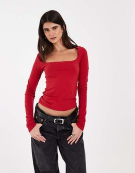 JJXX JJXX long sleeve square neck top with lace trim detail in red