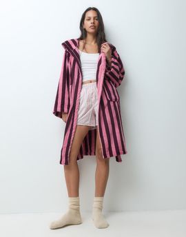 JJXX JJXX long stripe dressing gown in burgundy and pink