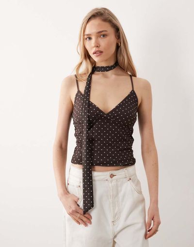 JJXX JJXX mesh polka dot cami top with scarf in brown