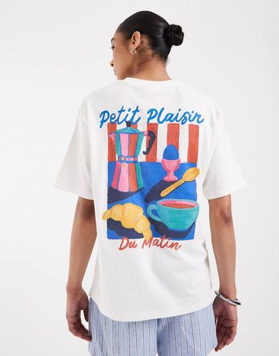 JJXX JJXX oversized t-shirt with café breakfast back print in cream-White