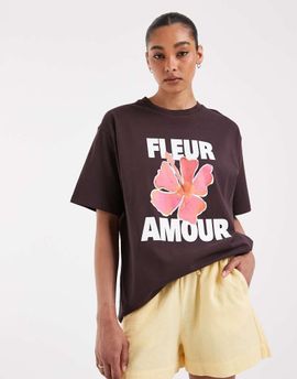 JJXX JJXX oversized t-shirt with fleur amore print in dark brown