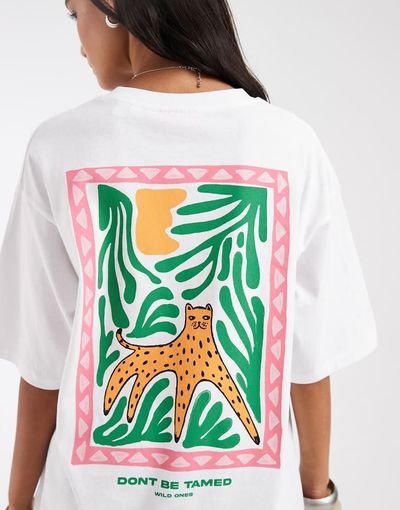 JJXX JJXX oversized T-shirt with wild cat backprint in white