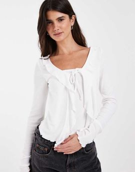 JJXX JJXX ribbed long sleeve tie front top in white