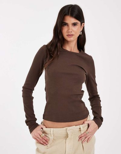 JJXX JJXX ribbed long sleeve top in brown