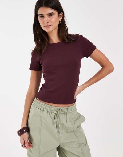 JJXX JJXX ribbed T-shirt in deep burgundy-Red