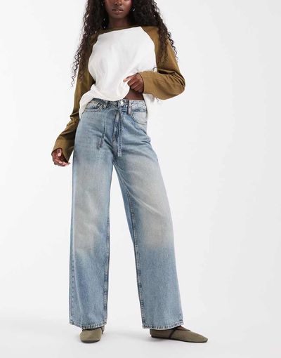 JJXX JJXX Tokyo wide fit jeans with drawstring belt in light blue wash